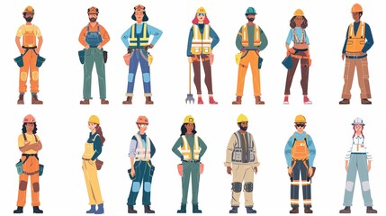 Sixteen construction workers are illustrated, each dressing in diverse work attire and safety gear. Some wield tools while showcasing their readiness to tackle various construction tasks.