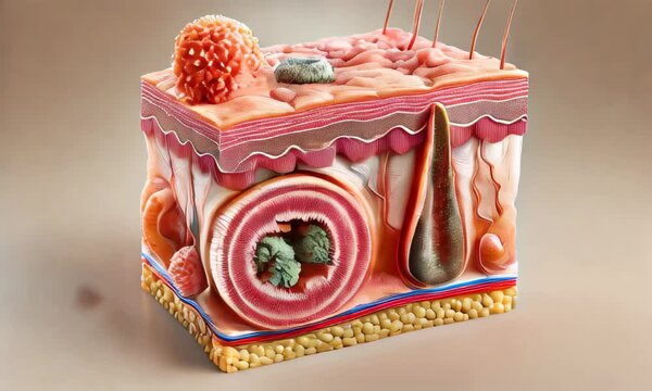 illustration of human skin layers. cross-section displays various layers including the epidermis, dermis, and subcutaneous tissue, along with hair follicles and glands