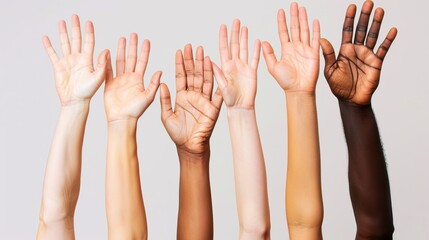 A series of six raised arms and hands of varying skin tones against a light-colored background, symbolizing unity, diversity, and inclusion among different races.