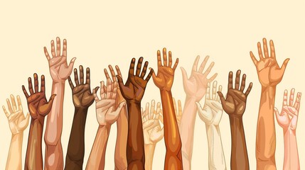 A wide array of hands and arms of various skin tones raised upwards, set against a beige background, symbolizing collective strength, hope, and the beauty of diversity.