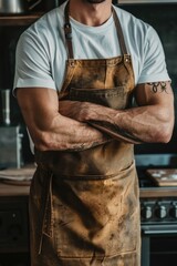 Obraz premium A person in a chef's uniform standing near kitchen equipment, useful for food-related or household context