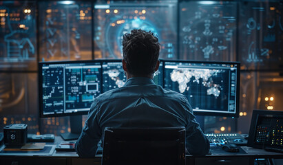Man sits facing computer screens with data and maps. Generative AI