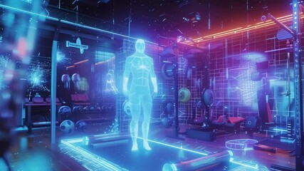 A futuristic gym features a holographic figure amidst neon lights and high-tech exercise equipment. The scene glows with a vibrant blue and red ambiance, suggesting advanced technology used for