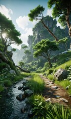 Obraz premium Tranquil River Path Through Lush Green Valley.