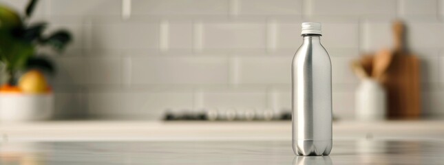 A water bottle resting on smooth pebbles by a flowing stream