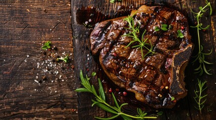 Ribeye steak seasoned with spices and herbs dry aged for grilling on rustic wooden background