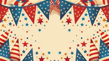 Fototapeta premium This image features a festive patriotic celebration setup with various decorations, including stars and stripes banners, symbolizing national pride and celebration.