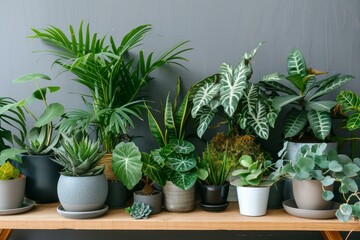 Fototapeta premium Collection of various houseplants in stylish pots, arranged neatly on a shelf against a gray wall