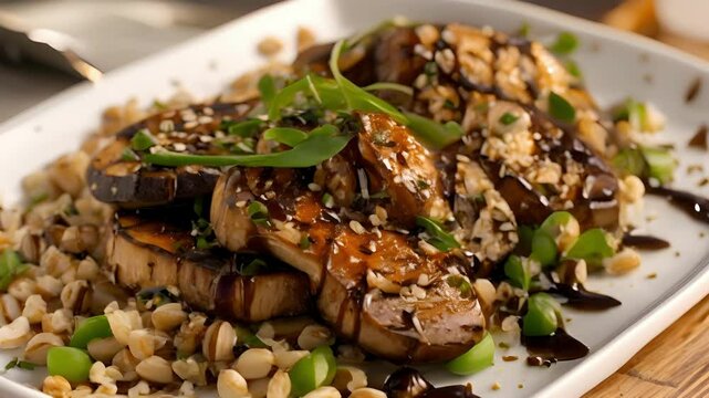 A wholesome mix of farro roasted cauliflower edamame and grilled portobello mushrooms drizzled with a tangy balsamic glaze.