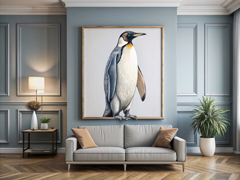 Elegant salmon line art of a penguin on canvas in a luxury home interior wall frame
