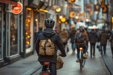 A bicycle courier delivering a package in a crowded urban area