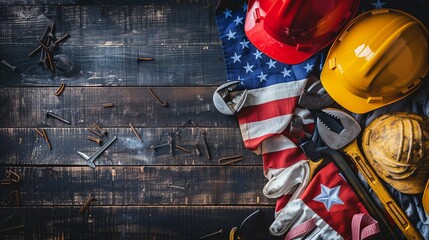 A composition of assorted construction tools, red and yellow helmets, and USA flag elements placed on a dark, weathered wooden surface, symbolizing labor and patriotism.