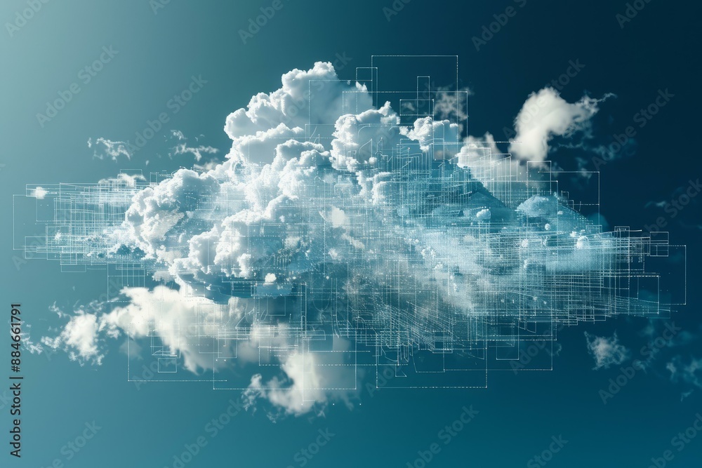 Aufkleber conceptual image of cloud computing technology with digital grid structure overlaying clouds in blue