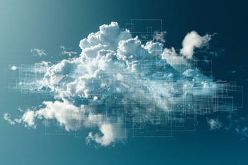Conceptual image of cloud computing technology with digital grid structure overlaying clouds in blue sky