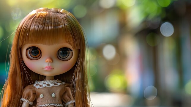 Blythe doll with long light brown hair, bangs, hazel eyes, and pink lips collectible toy
