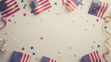 Obraz premium A minimalist layout featuring small American flags and star confetti on a white background, showcasing the themes of patriotism and celebration with subtle elegance.