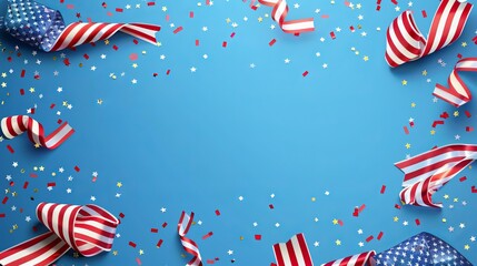 Obraz premium A decorative scene with patriotic decorations and confetti on a light blue background, emphasizing the celebratory spirit and national pride with vibrant colors.