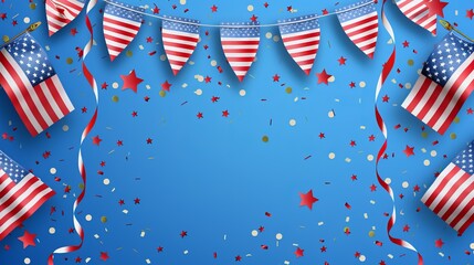 Obraz premium A festive background of American flags and triangular buntings with red, white, and blue elements, perfect for national celebrations or patriotic events.
