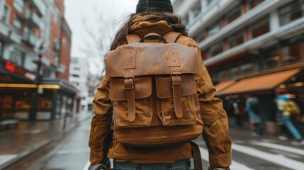 Fototapeta premium Person with Brown Leather Backpack Walking on City Street, Urban Exploration and City Life Concept