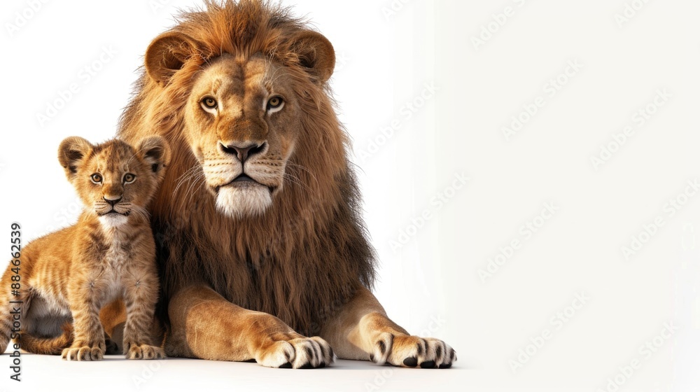 Poster a lion and its cub sitting together in a warm setting