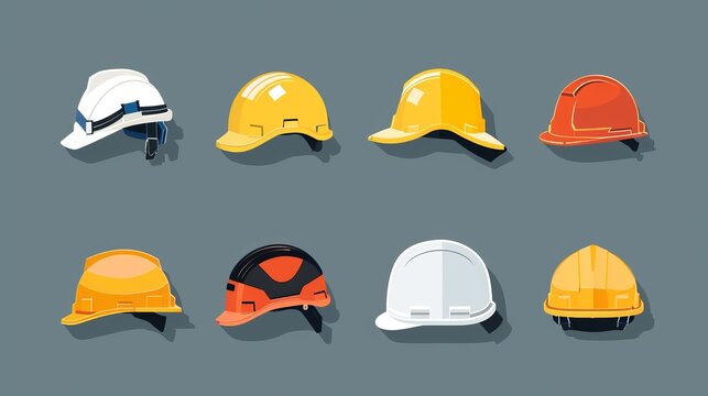 The image showcases eight different designs of construction hard hats, including variations in color and style, underscoring the diversity in protective headgear.