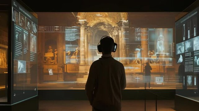 A man in his 30s, wearing VR goggles and headphones, explores an interactive holographic display in a modern museum exhibit hall. The mood is immersive, and the digital projections include historical