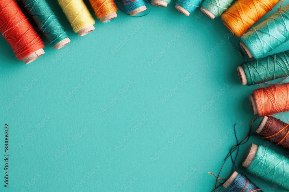 Poster a circle of thread spools on a bright turquoise background