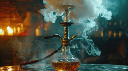 A glass hookah with visible smoke flowing out, suitable for use in editorial or lifestyle photography