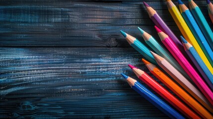 Fototapeta premium Various colored pencils on wooden surface dark background with space for text