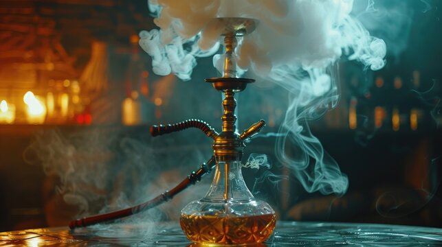A glass hookah with visible smoke flowing out, suitable for use in editorial or lifestyle photography