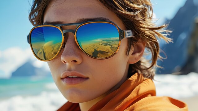 Close-up of a woman wearing sunglasses with a reflection of the ocean and a mountain range. - Powered by Adobe