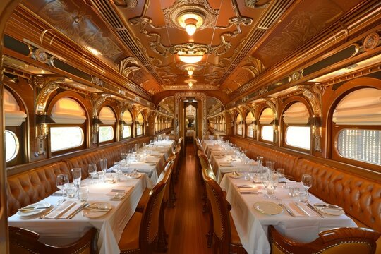 Elegant, ornate dining car with traditional decor in a vintage luxury train