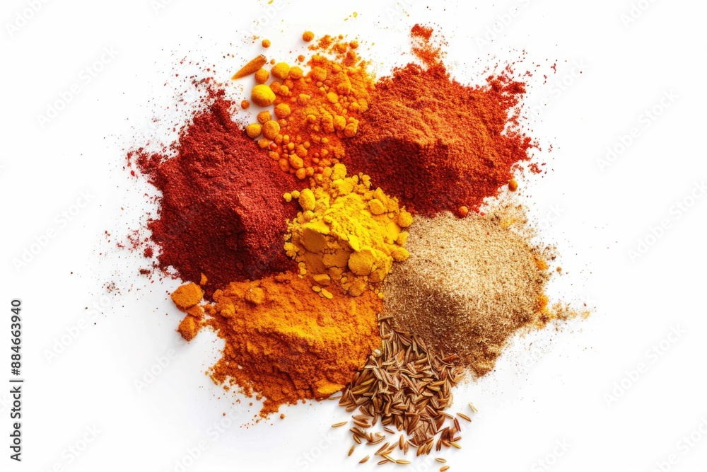 Poster a stack of various spices on a clean white surface