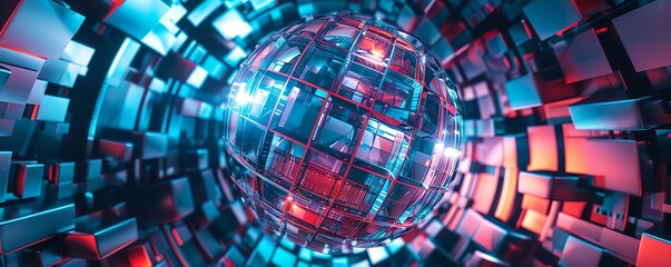 Produce a spherical artwork with prismatic and precise patterns, Monochromatic Color Scheme, top view, emphasizing exact geometry, sci-fi tone, Tetradic color scheme