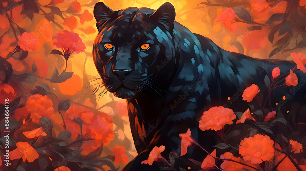 Canvas Prints Black Panther in a Field of Flowers