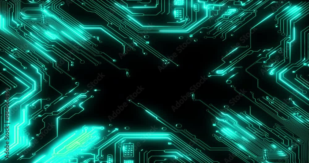 Poster Circuit board, digital and futuristic technology on motherboard for data flow online. Network, neon electronics and cpu for machine learning on cyber hardware for cloud computing on black background