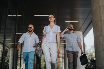 Group of businesspeople walking in an urban downtown area, engaging in a professional outdoor meeting. Business attire and modern cityscape.