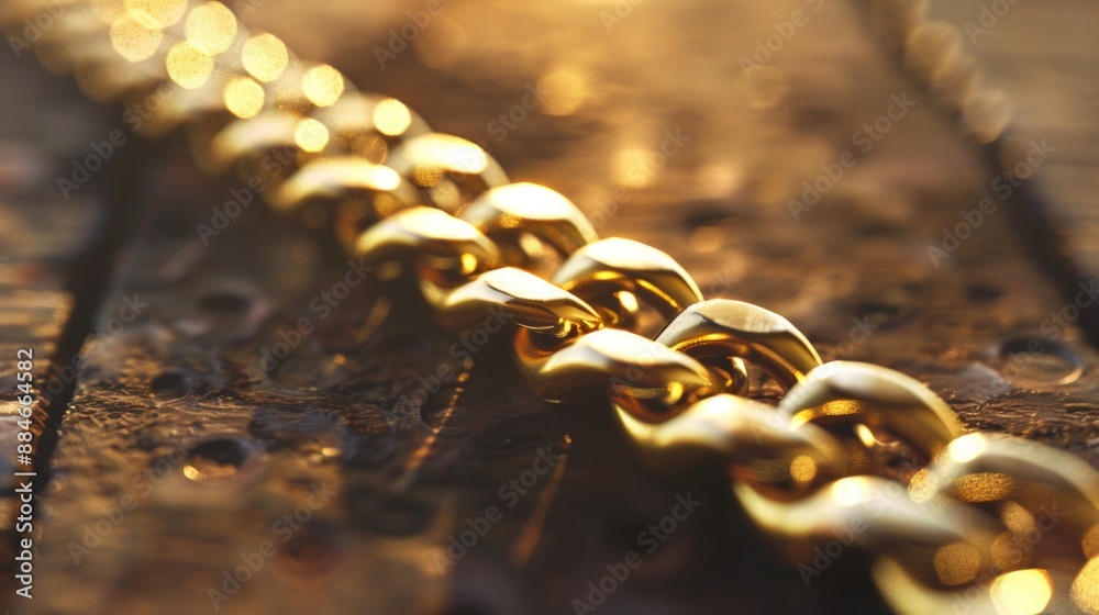 Aufkleber a close-up shot of a golden chain lying on a wooden surface, ready for use or display