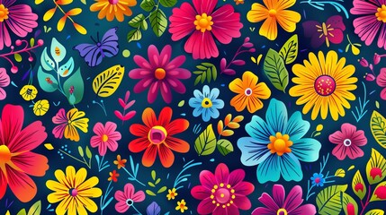A detailed illustration of a vibrant assortment of various colorful flowers and leaves with butterflies in the background, creating a lively and eye-catching botanical scene.