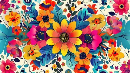 This image showcases a vivid floral arrangement with an array of flowers and leaves, set against a light background. The design highlights nature's vibrancy and beauty.