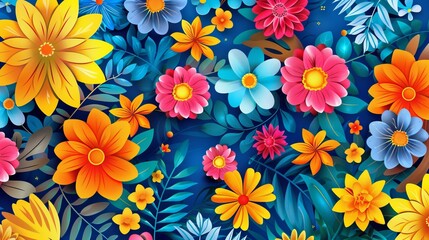 A dynamic floral pattern featuring an array of colorful flowers set against a blue background. This design radiates vibrancy and adds a touch of nature's beauty to any space.