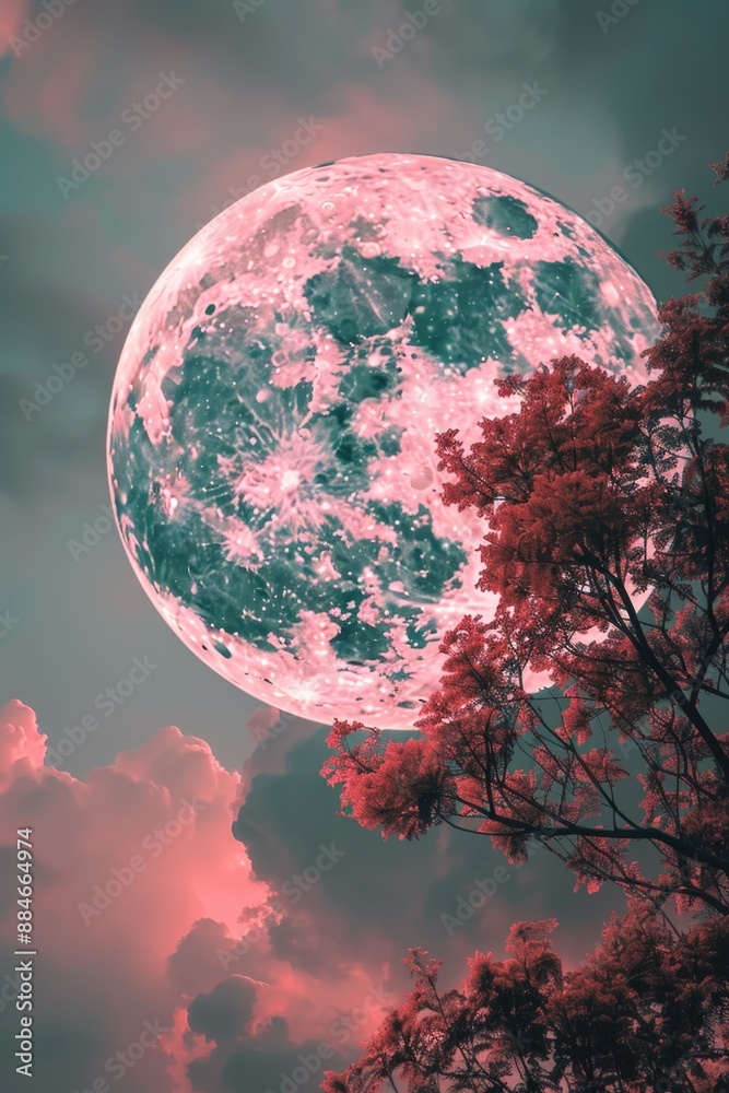 Poster a full moon shining through clouds, with a tree in the foreground