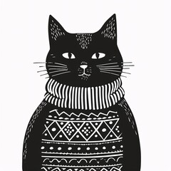 Simple Black & White Linocut Stamp of a Chubby Cat in a Knitted Patterned Turtleneck Cowl Ready for Pumpkin Spice Vibes