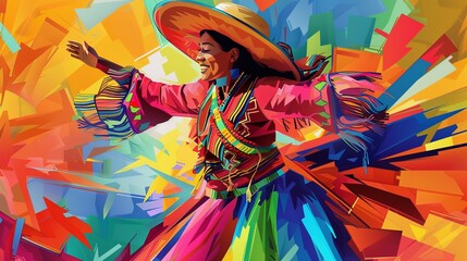 Fototapeta premium A dancer clad in traditional Mexican attire performs against an abstract background of bright colors, capturing the energy and cultural richness of Mexican dance.