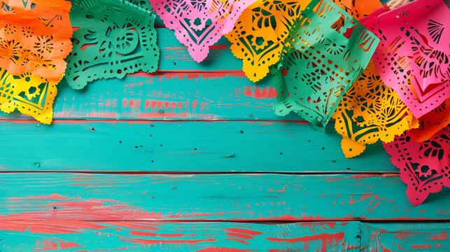 Vibrant papel picado banners hang across a teal wooden background, highlighting the celebratory and festive nature of traditional Mexican decorations.