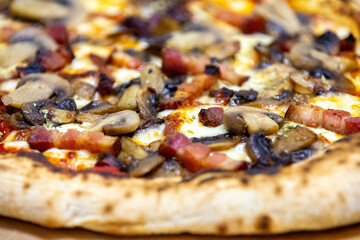 Rustic artisan mushroom pizza with bacon