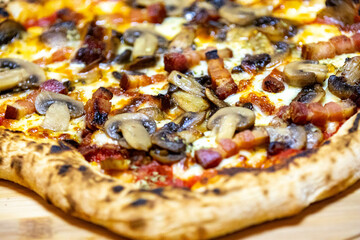 Rustic artisan mushroom pizza with bacon
