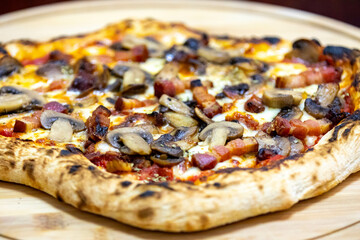 Rustic artisan mushroom pizza with bacon