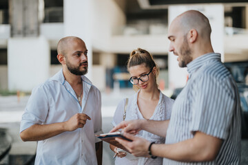 Team of marketing workers in an outdoor meeting discussing campaign performance, market trends, and...