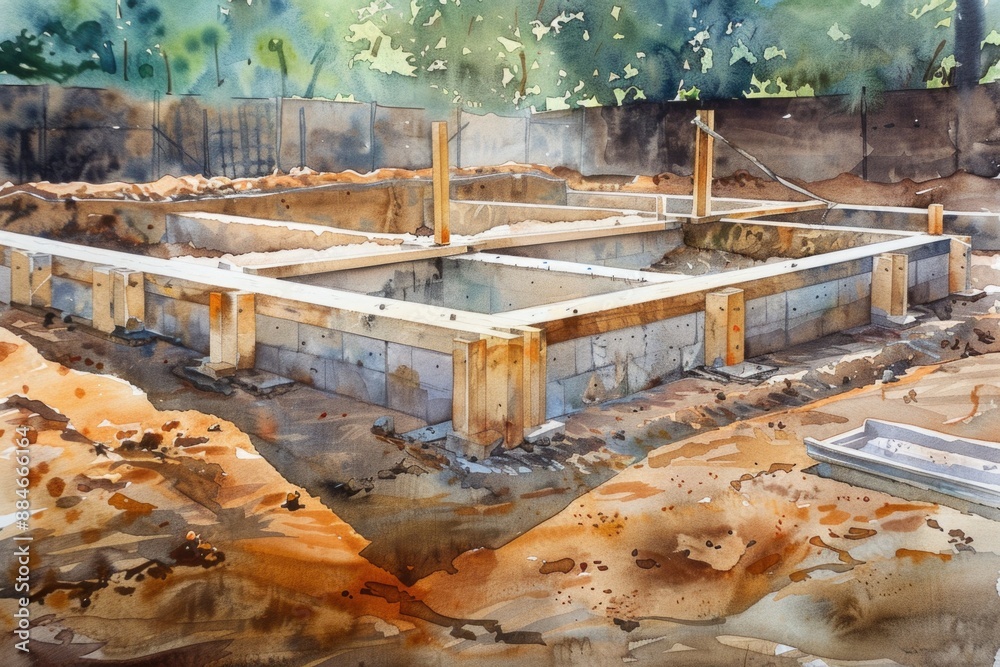 Poster watercolor painting of a building during construction phase with scaffolding and workers
